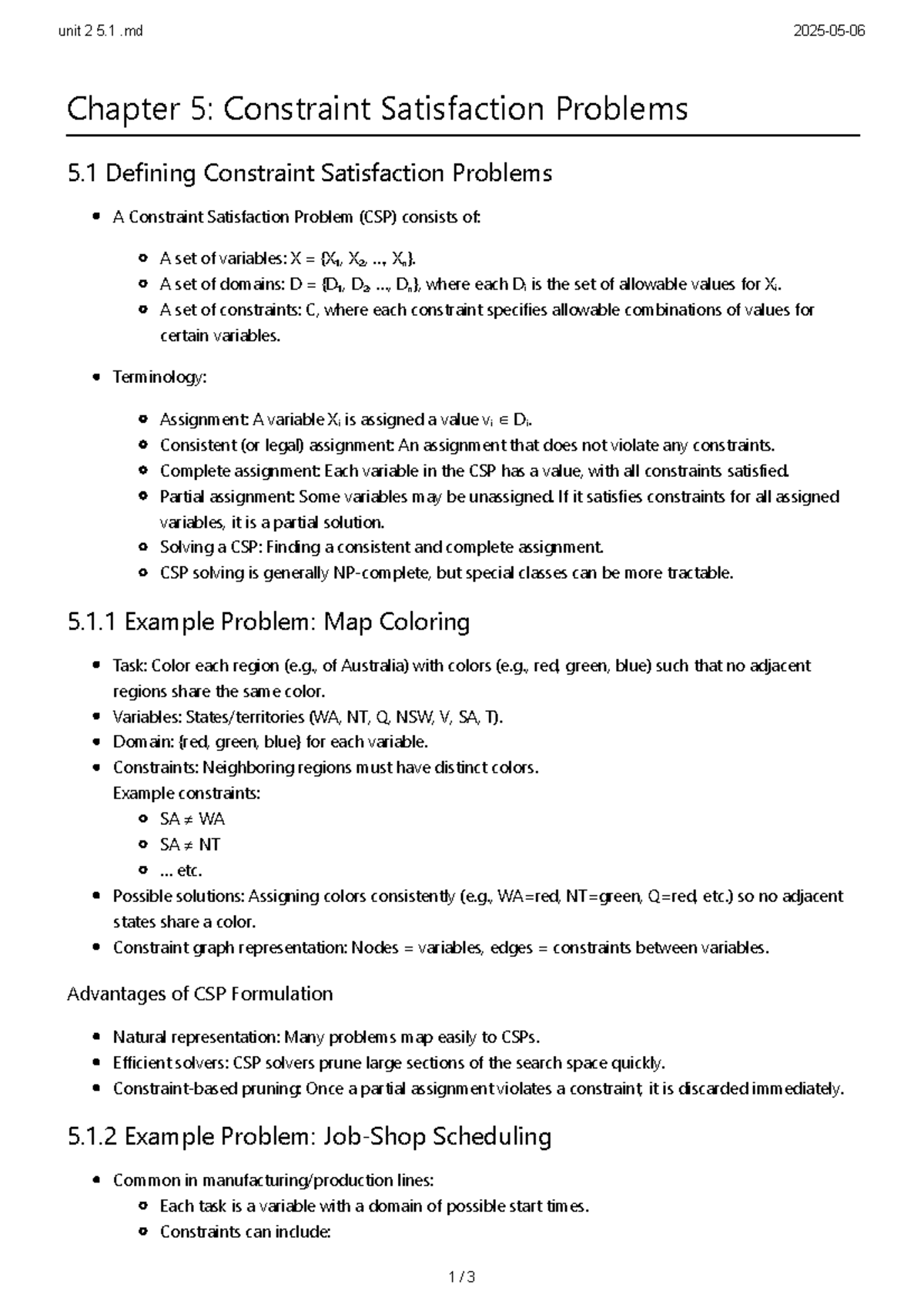 Unit 2 5.1 - Lecture Notes on Constraint Satisfaction Problems - Studocu