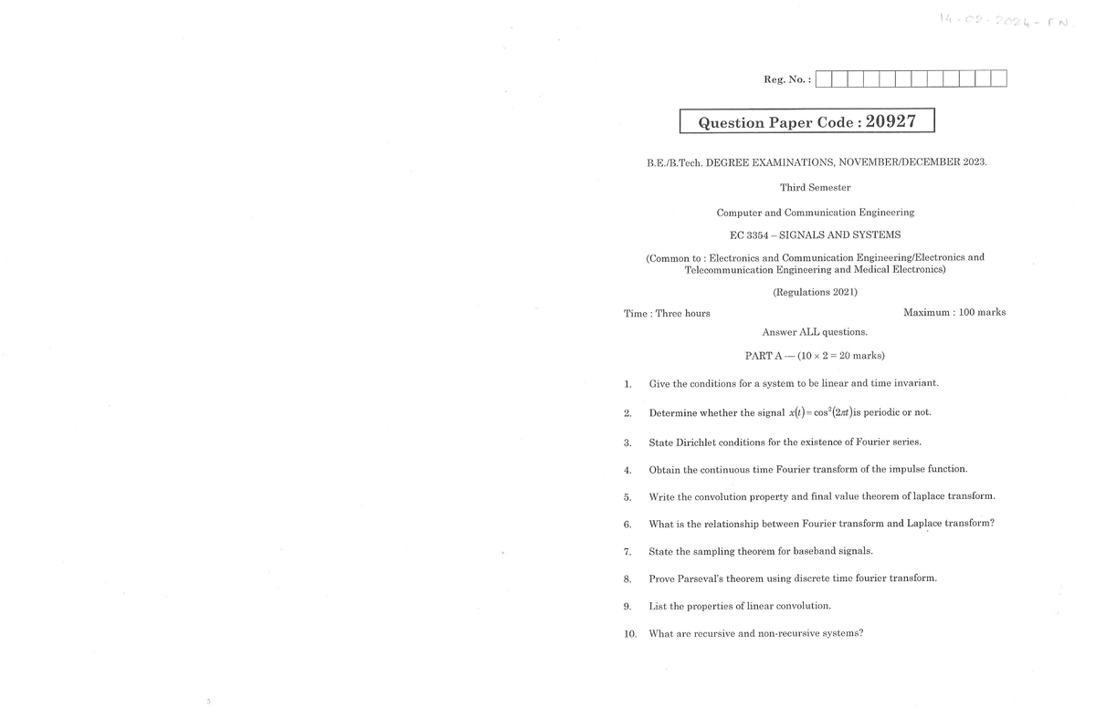 EC3354 - Signals and Systems Exam Paper Nov 2023 (Reg 2021) - Studocu