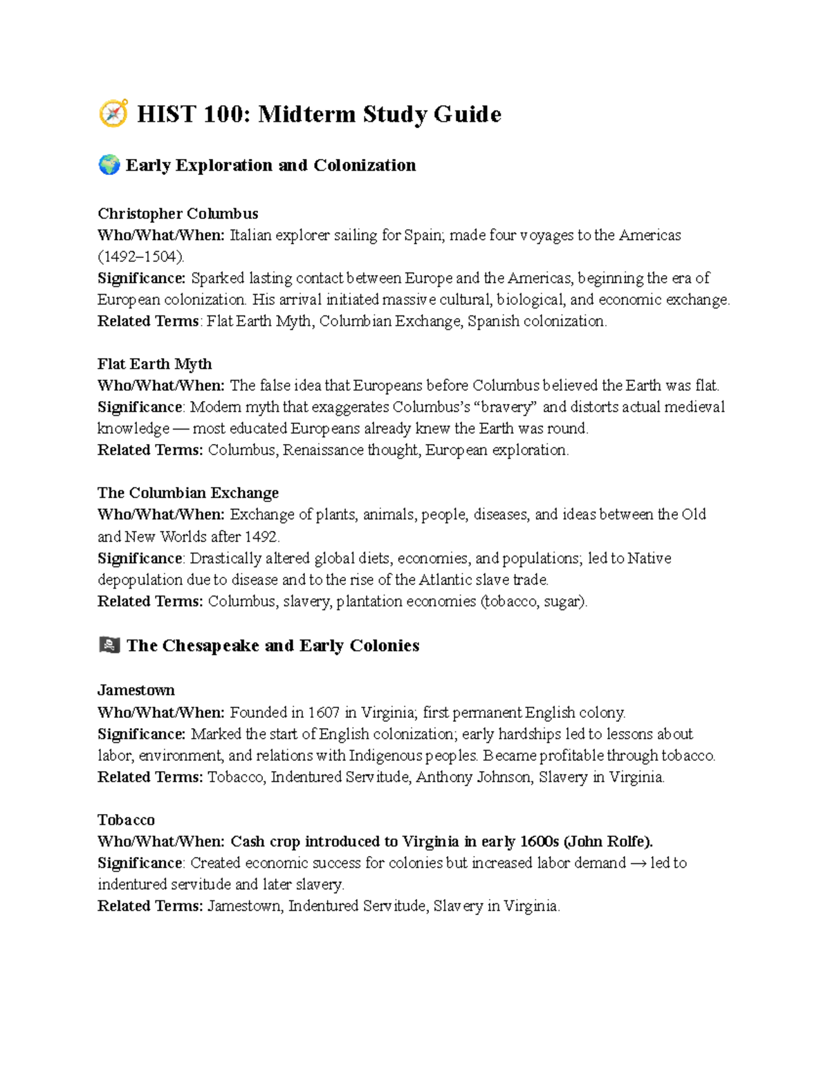 HIST 100: Midterm Study Guide on Early Exploration & Colonization - Studocu