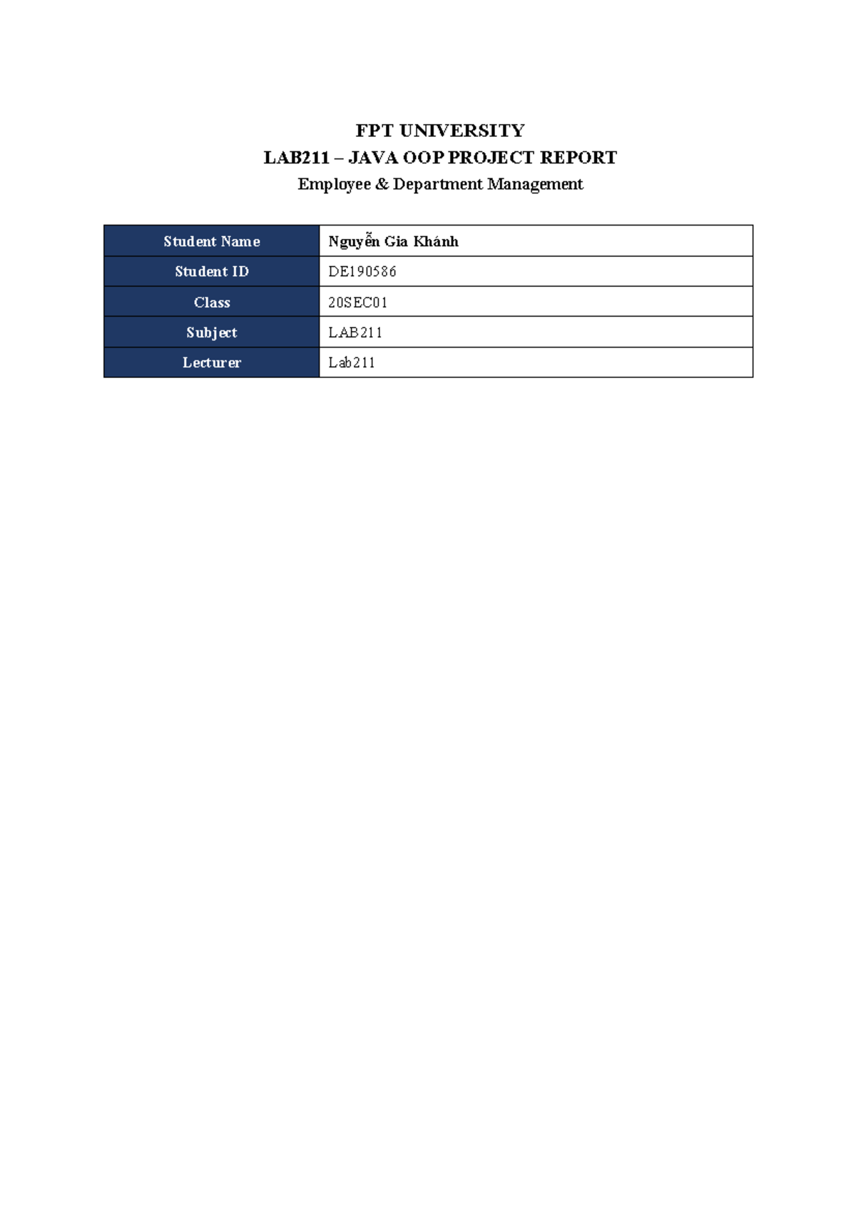 LAB211 DE190586 Java OOP Project Report: Employee Management System ...