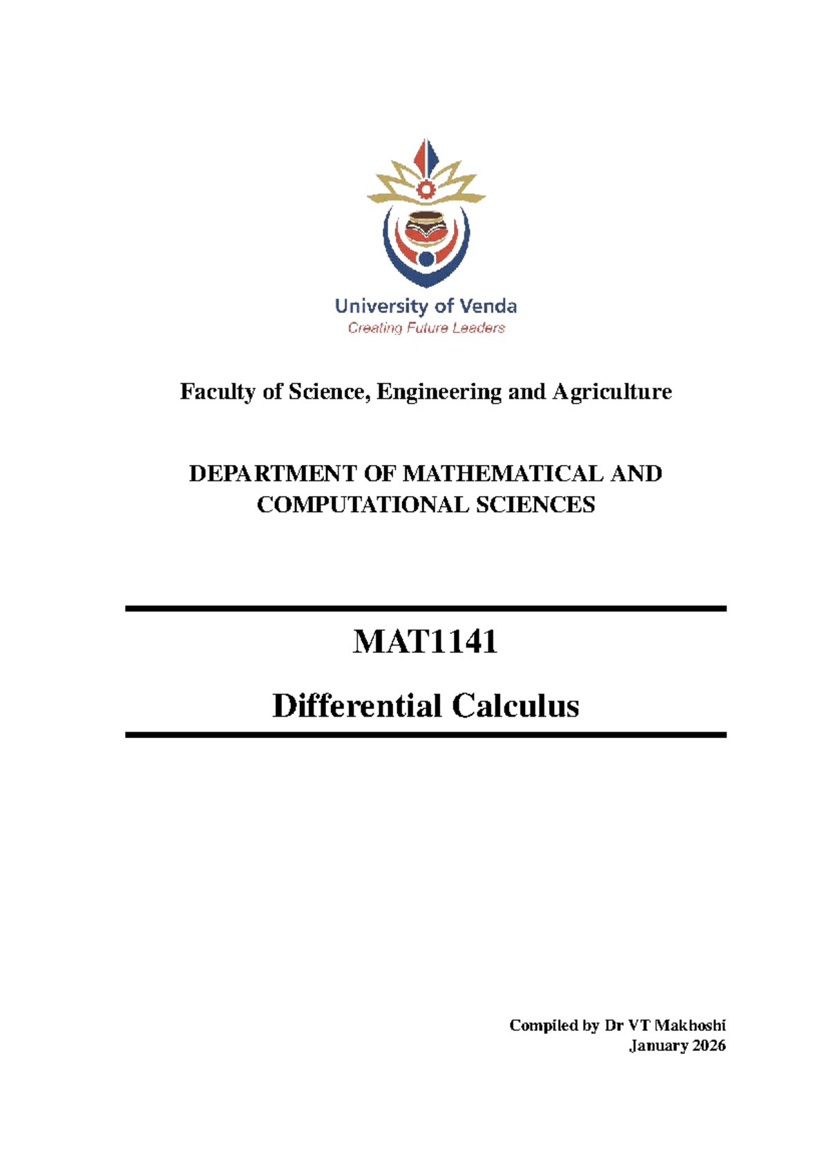 MAT1141 Differential Calculus Study Notes - January 2026 - Studocu