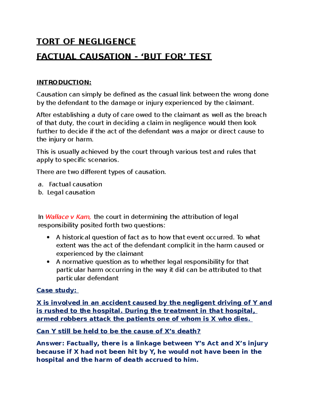 TORT OF NEGLIGENCE: Factual Causation & 'But For' Test Analysis - Studocu