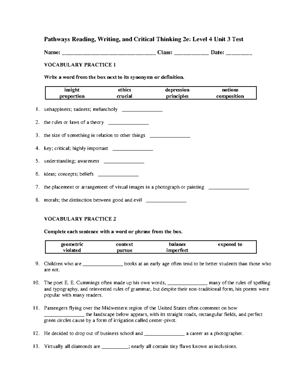 Pathways RW4 2e Unit 3 Test: Vocabulary and Reading Review - Studocu