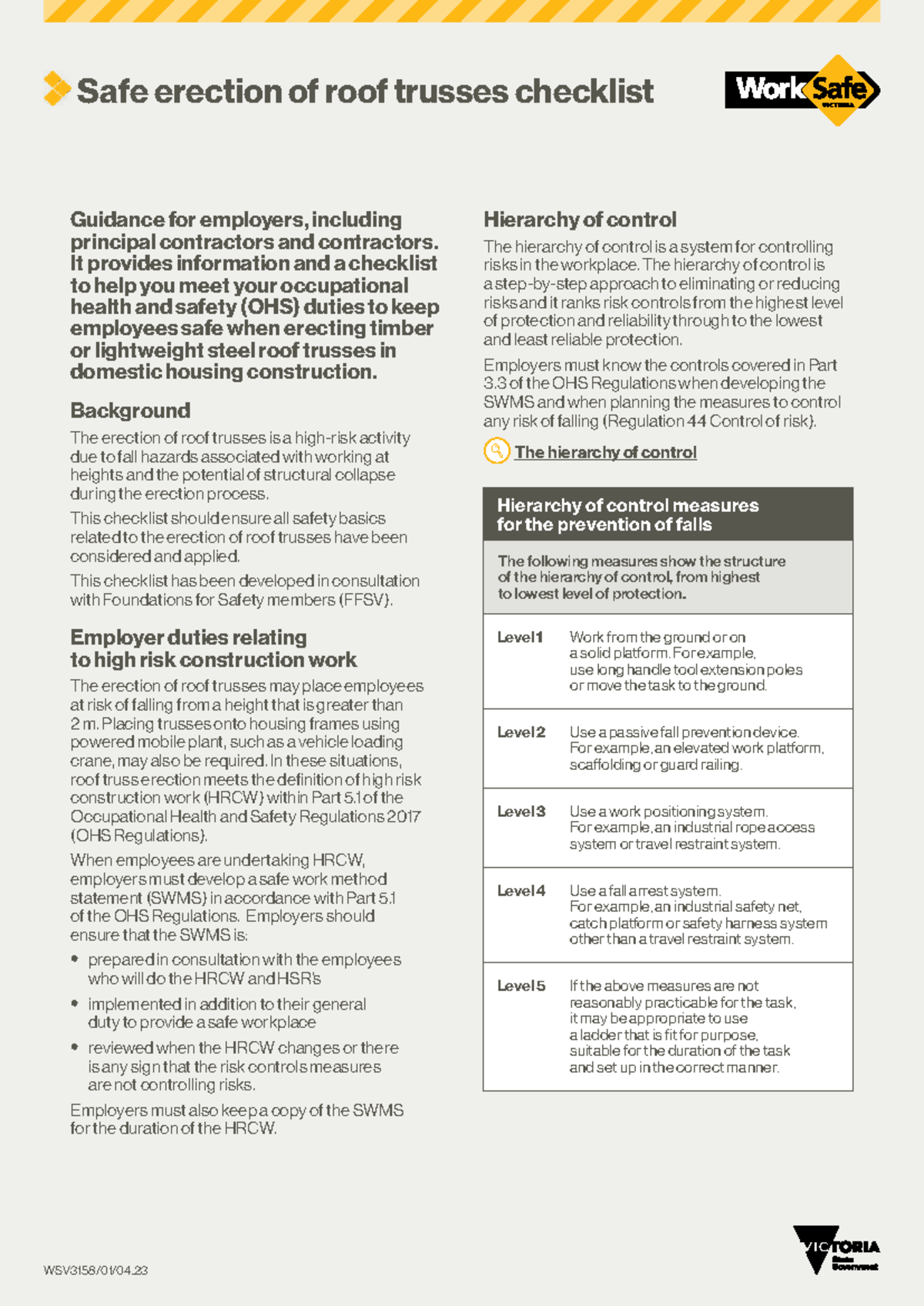 Safe Erection of Roof Trusses Checklist (OHS Compliance 2023) - Studocu