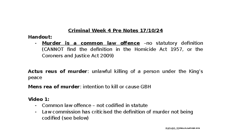 Criminal Law Week 4 Pre-Notes: Understanding Murder Offence - Studocu