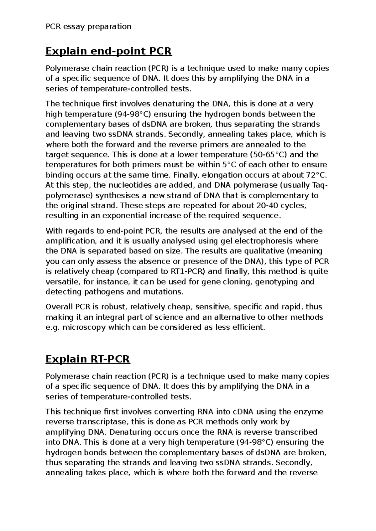 PCR Essay Prep: Detailed Insights on End-Point, RT, and qRT-PCR - Studocu