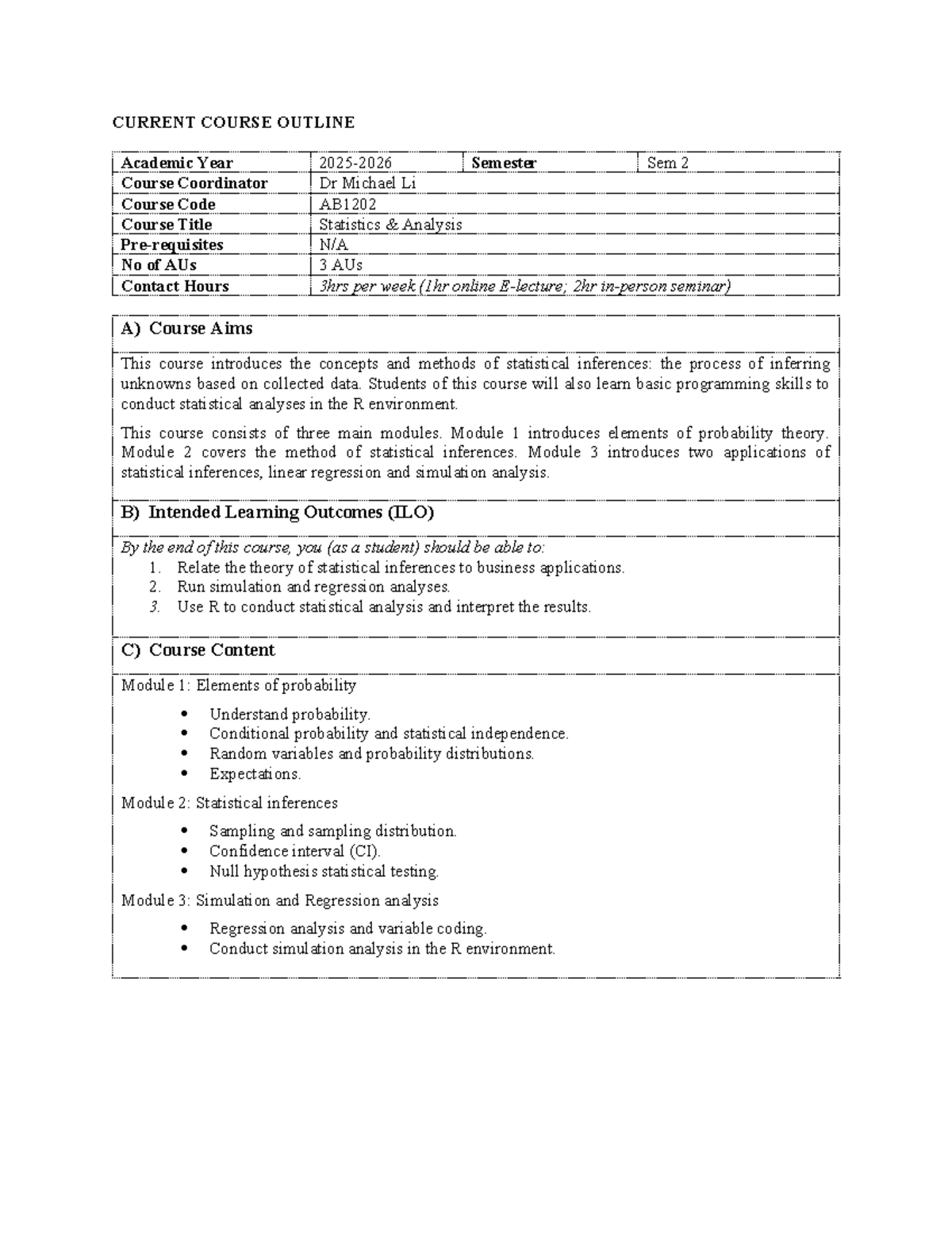 AB1202 Statistics and Analysis Course Outline AY25-26 Semester 2 - Studocu