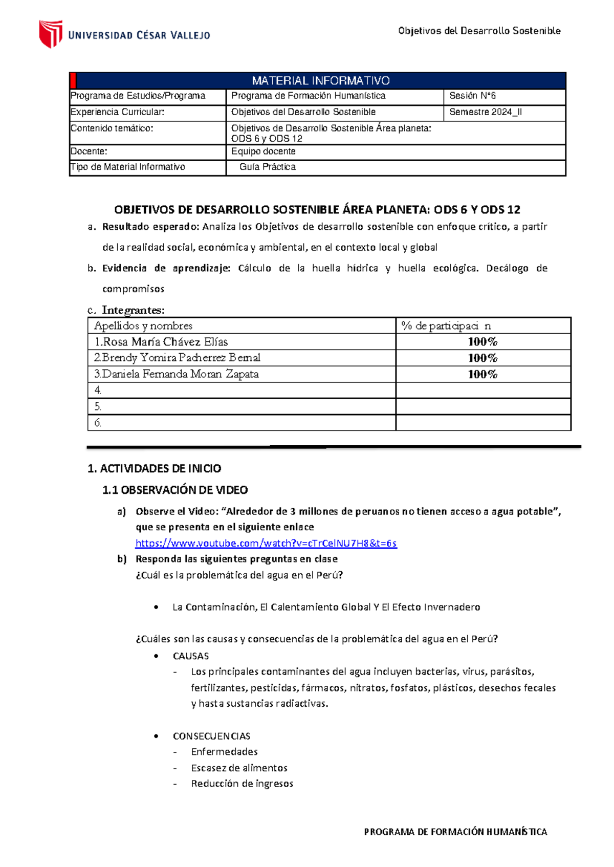 Guía Práctica N° 06: Objetivos de Desarrollo Sostenible ODS 6 y ODS 12 ...