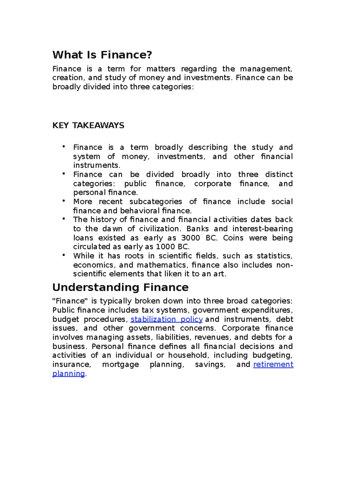 Understanding Finance: Key Concepts and Categories Overview - Studocu