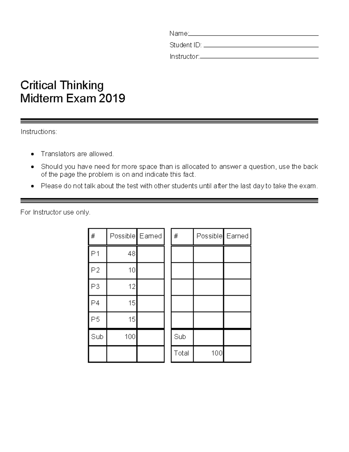 Critical Thinking Midterm Exam 2019 - Exam 4 Questions - Studocu