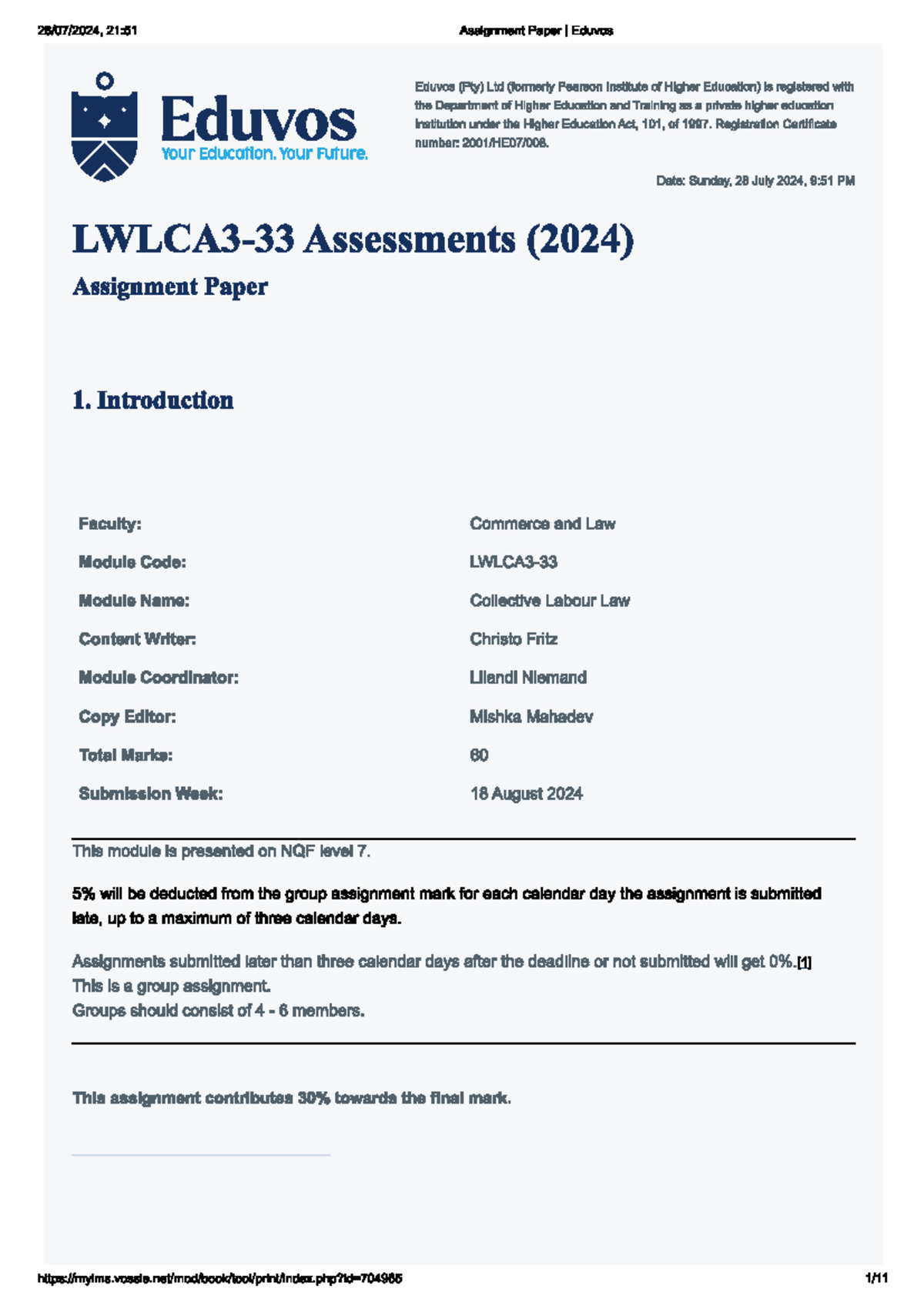 21:51 Assignment Paper: Collective Labour Law Analysis for Eduvos - Studocu