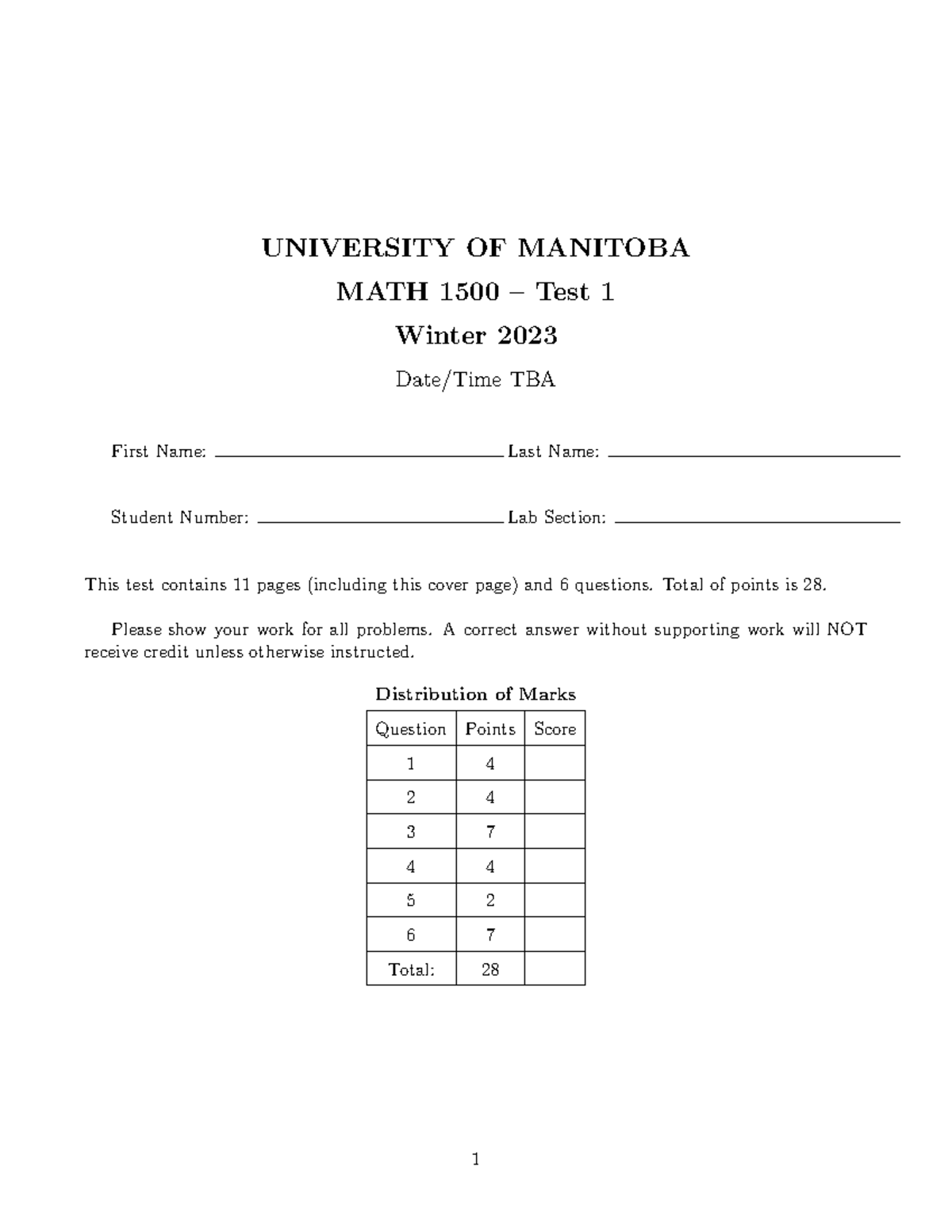 MATH 1500 Winter 2023 Test 1 Solutions and Explanations - Studocu