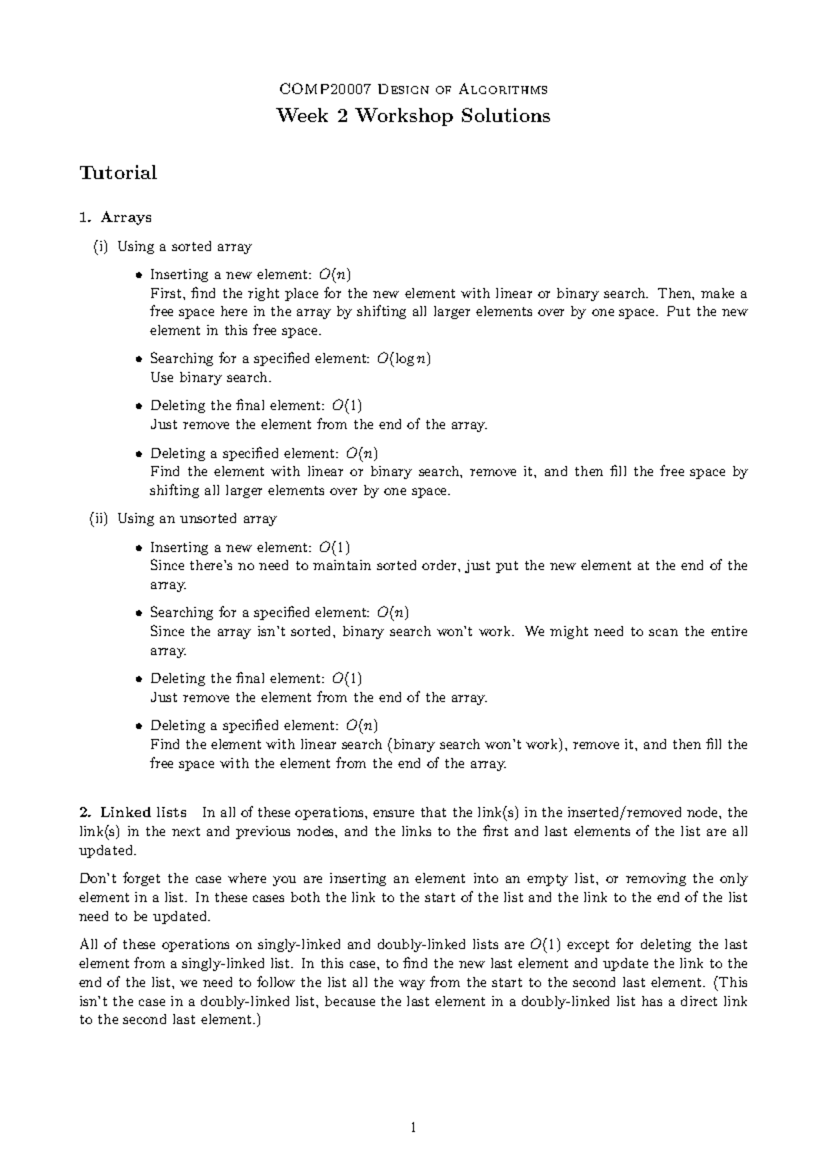 CS101: Week 2 Tutorial Solutions - Design of Algorithms - Studocu