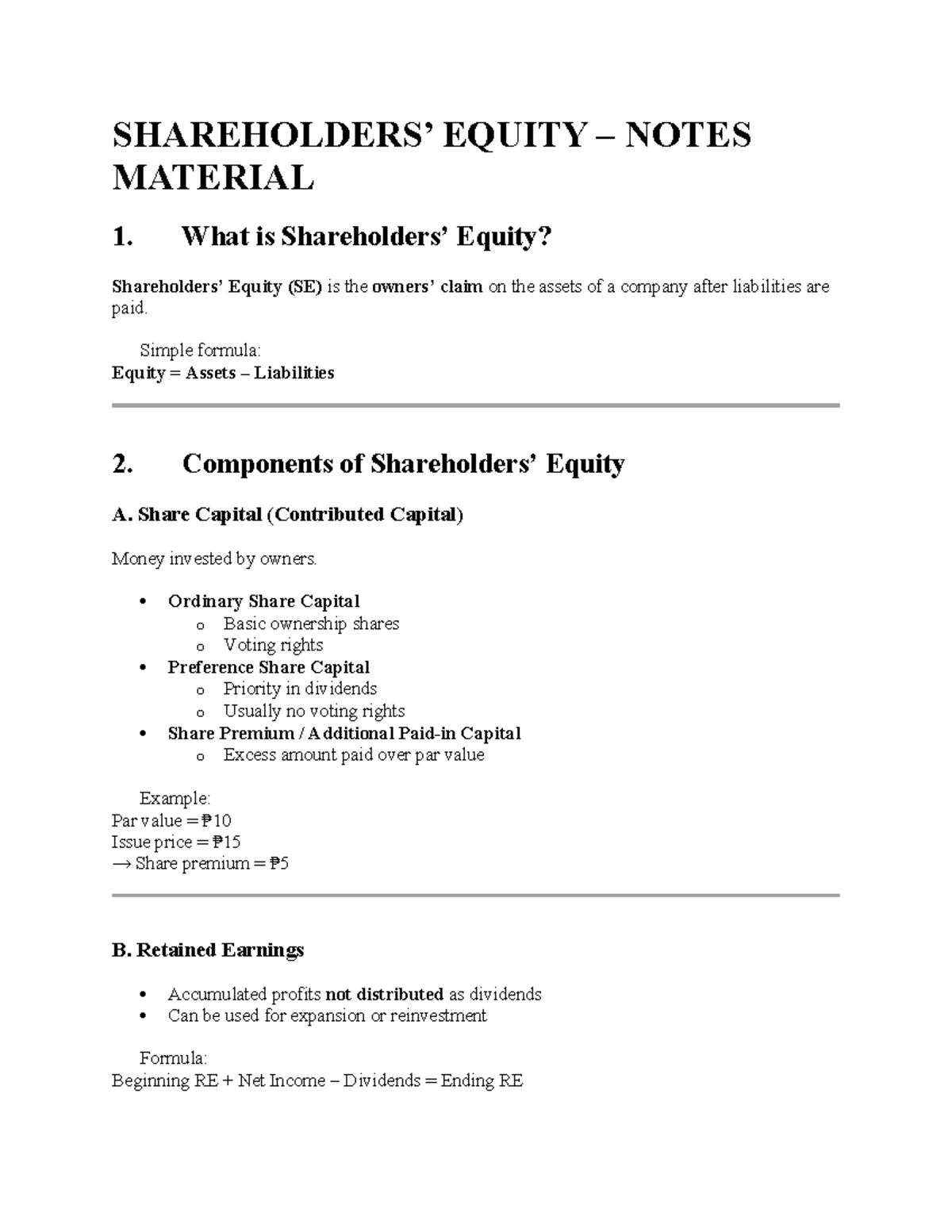 EQUITY NOTES: Understanding Components and Types of Shares - Studocu