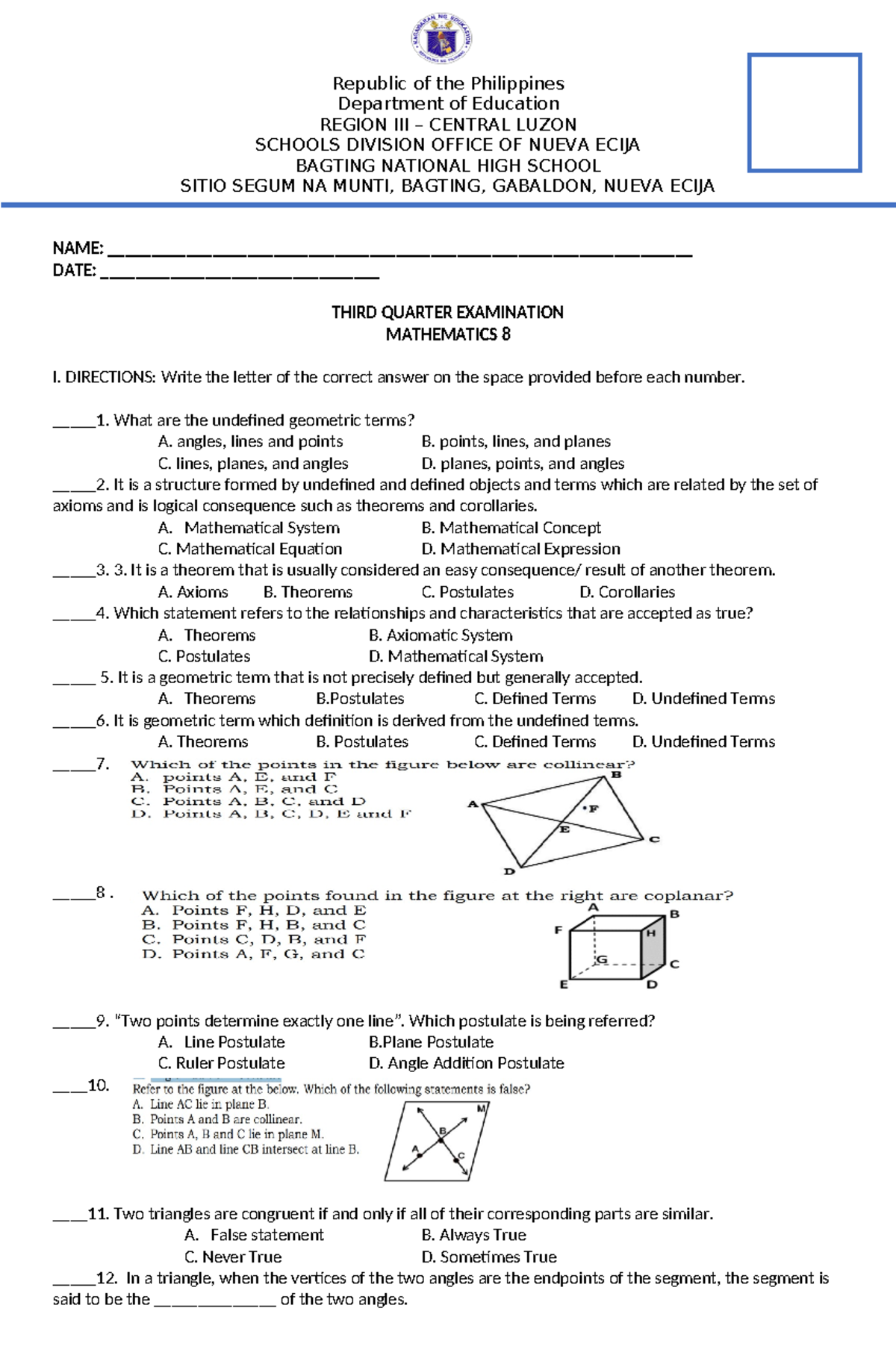 MATH 8 Q3E - for exam - Republic of the Philippines Department of ...