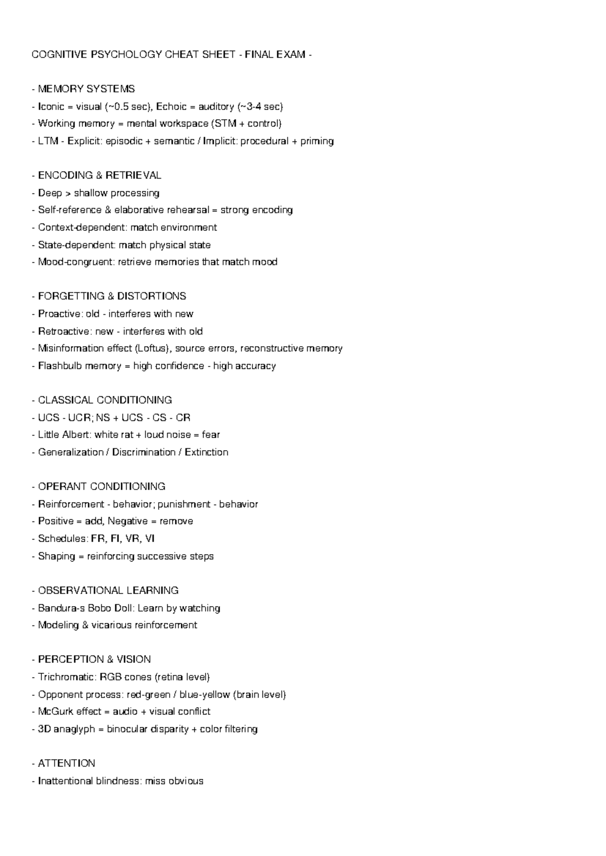COG 101 Final Exam Cheat Sheet: Memory, Learning & Perception - Studocu
