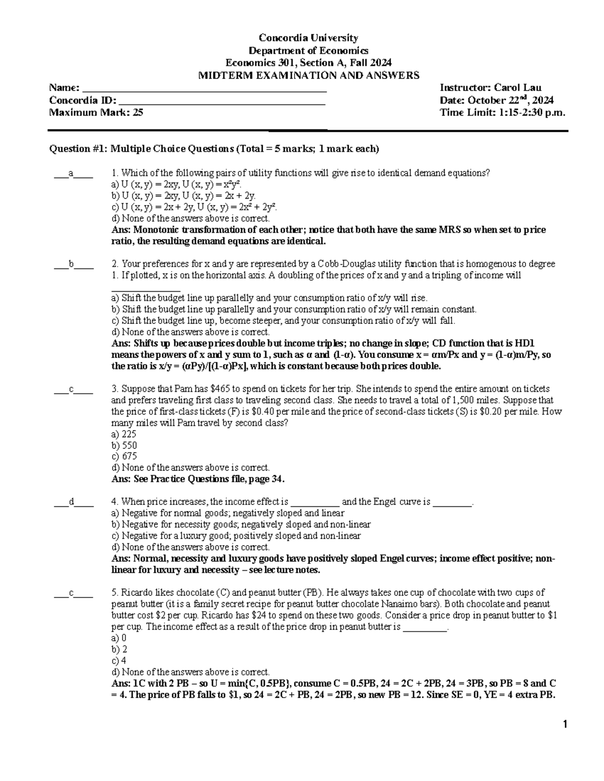 Econ 301 A F2024 - Midterm Exam Answers and Solutions - Studocu