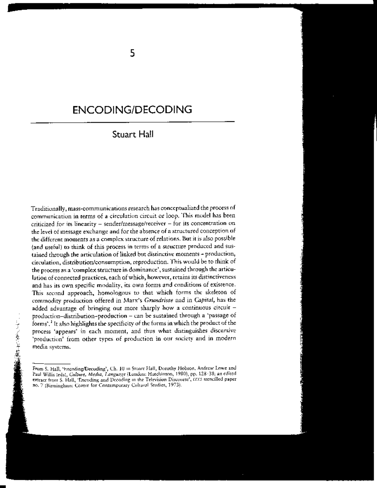 Stuart Hall's Communication Theory: Encoding and Decoding (1980) - Studocu