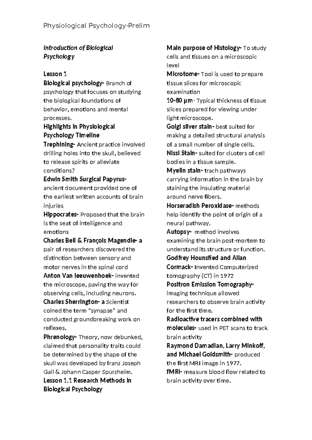 Biological Psychology (PSY 101): Key Concepts &amp; Research Methods Notes - Studocu