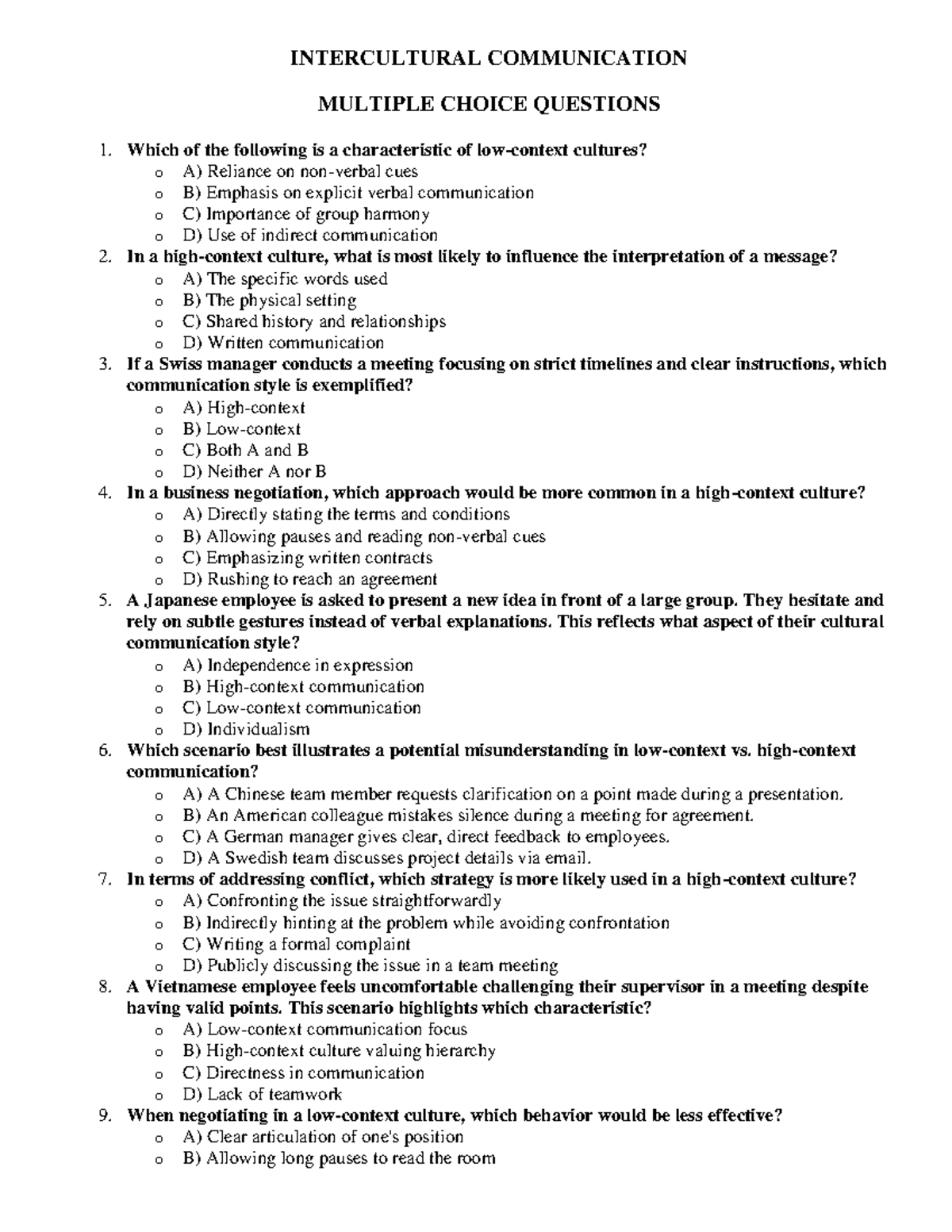 INTERCULTURAL COMMUNICATION MCQ STUDY GUIDE - Studocu
