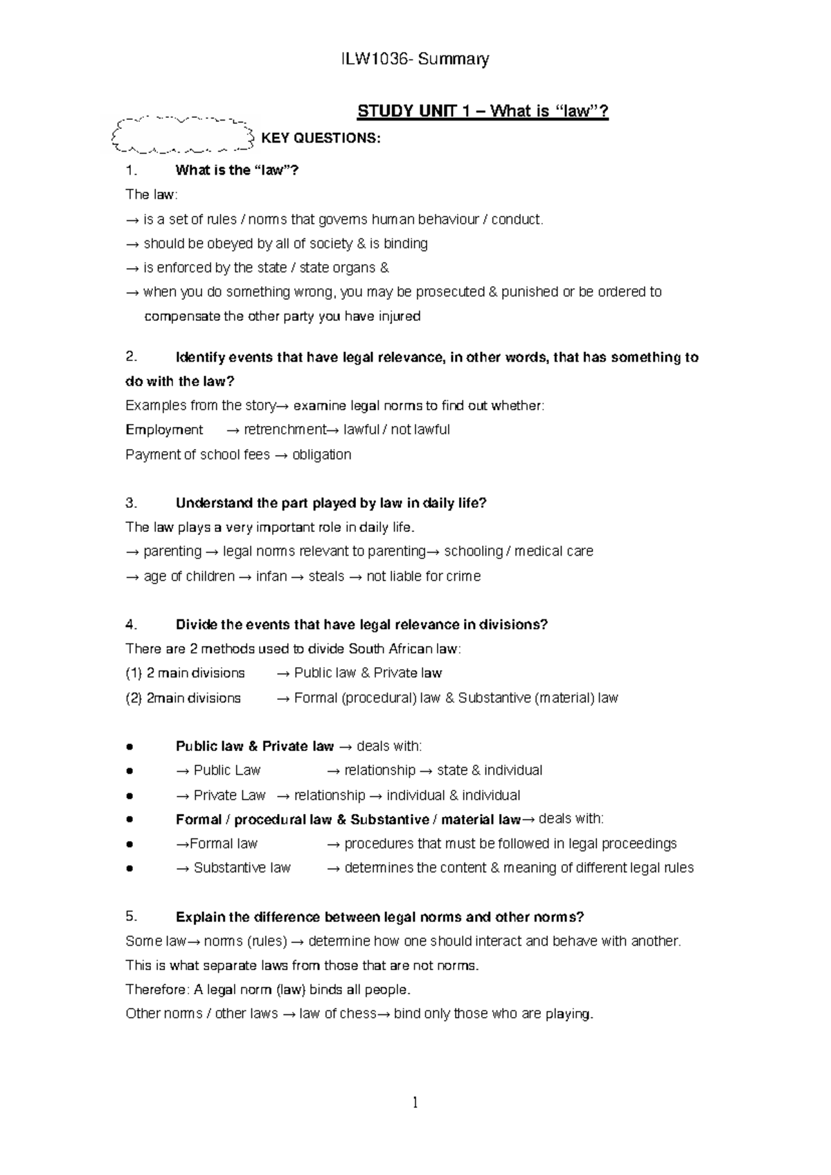 ILW1501 summary - STUDY UNIT 1 – What is