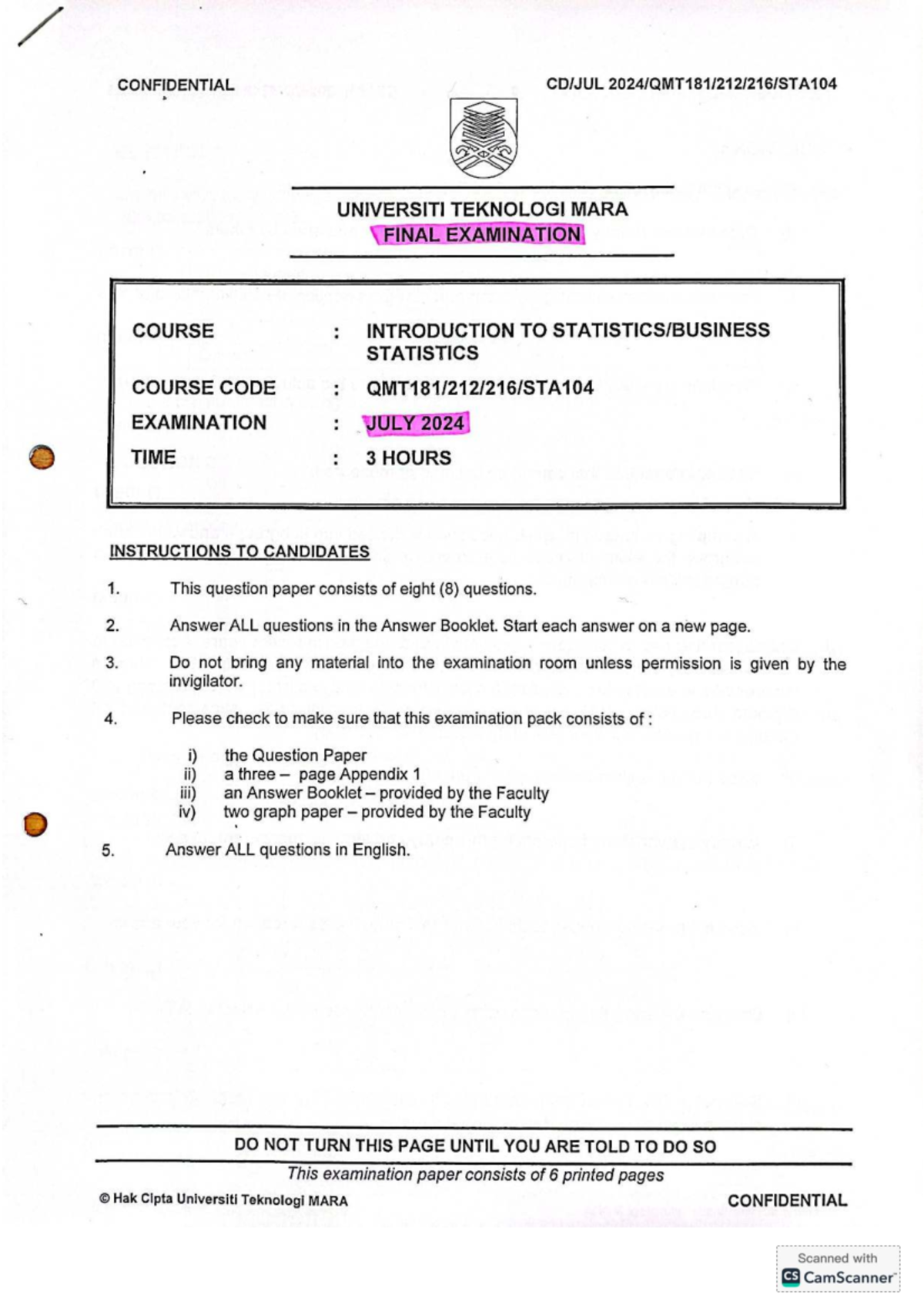 Final Exam: Introduction to Statistics (FIN242) - July 2024 - Studocu