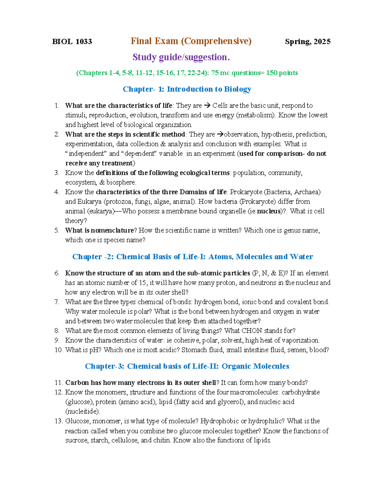 BIOL 1033 Final Exam Study Guide Spring 2025 (Chapters 1-24) - Studocu