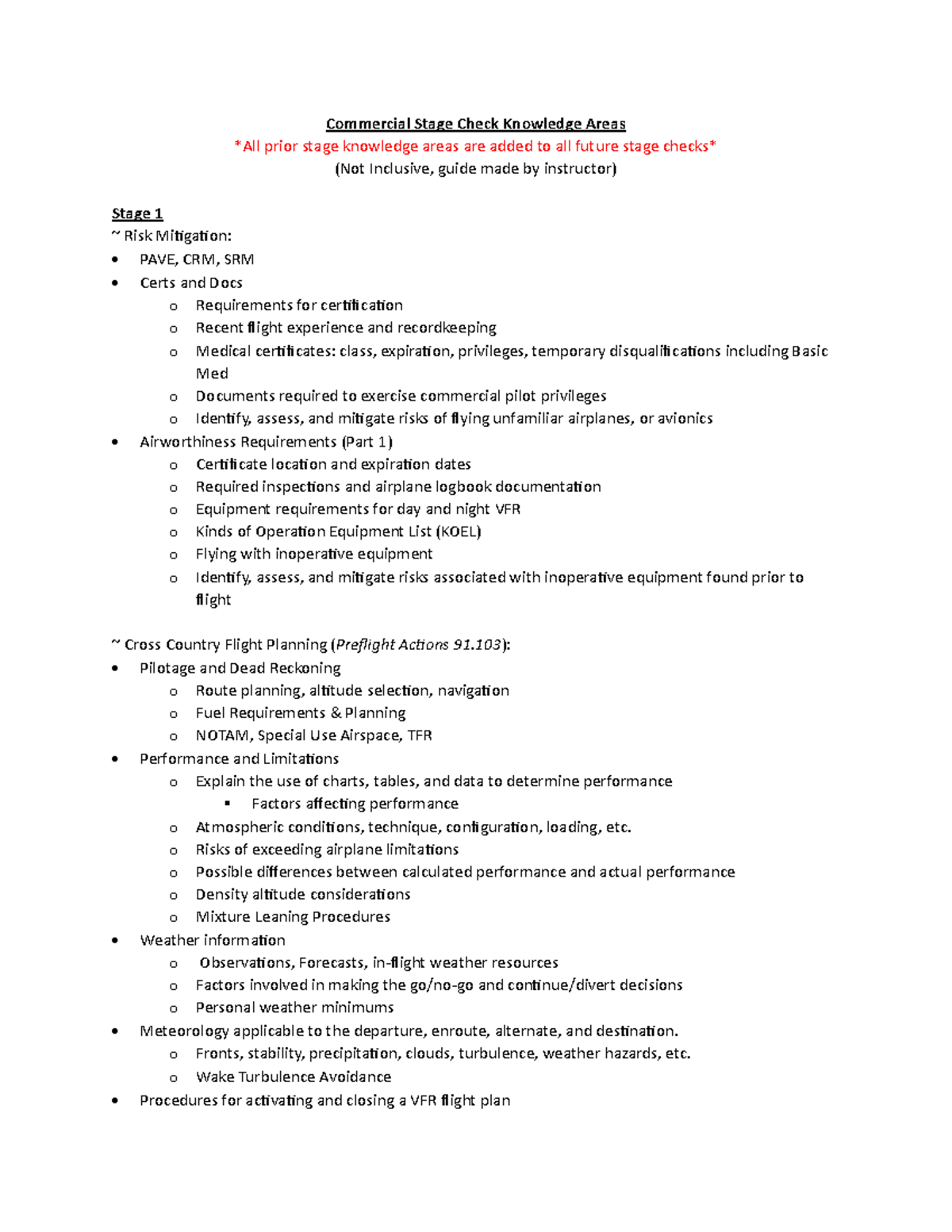 Commercial Pilot Stage Check Knowledge Areas & Emergency Procedures ...