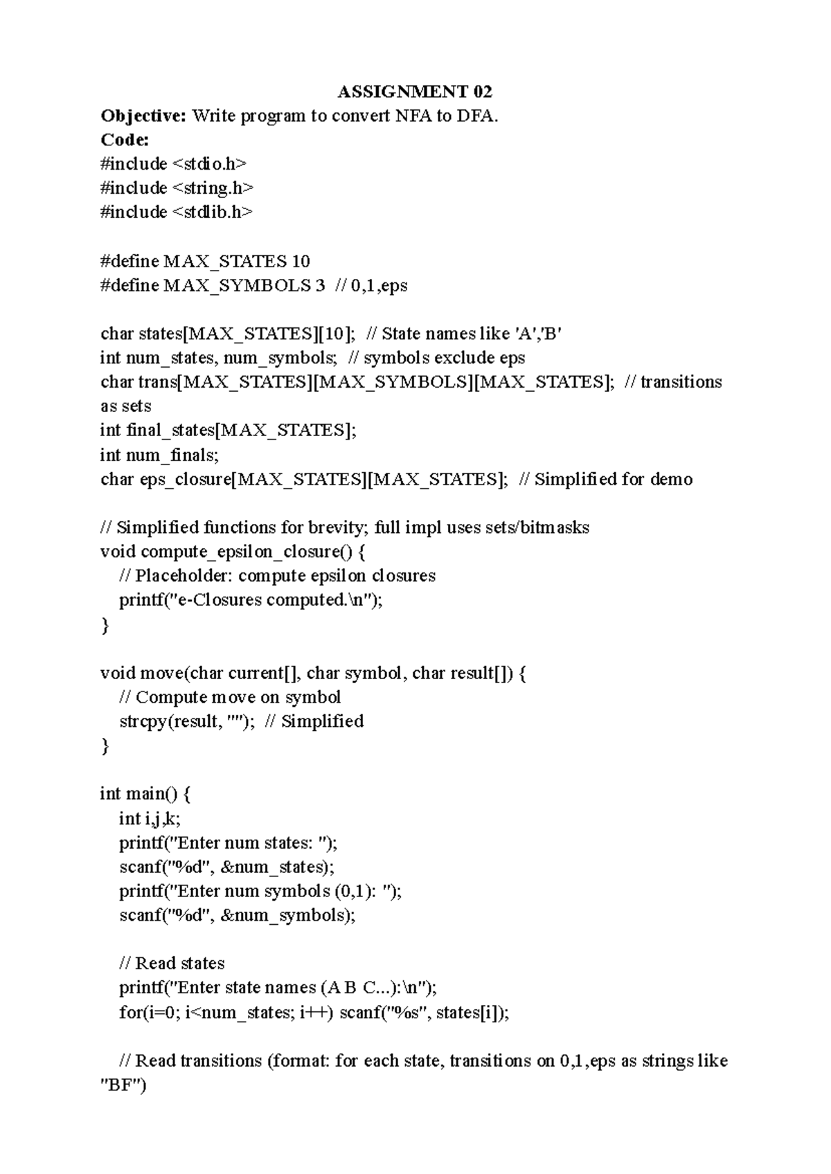 Assignment 02: NFA to DFA Conversion in Compiler Design Lab - Studocu