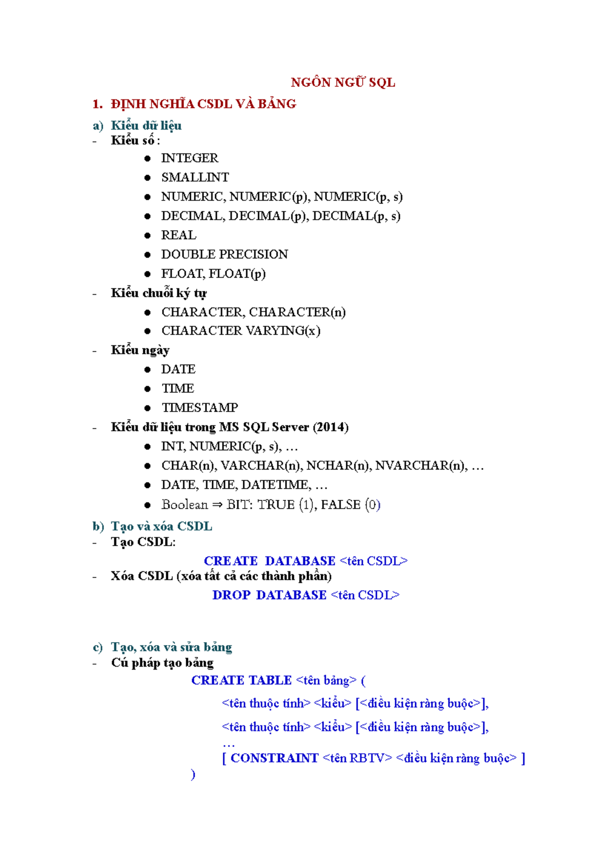 5. NGÔN NGỮ SQL - CScc - NGÔN NGỮ SQL 1. ĐỊNH NGHĨA CSDL VÀ BẢNG a ...