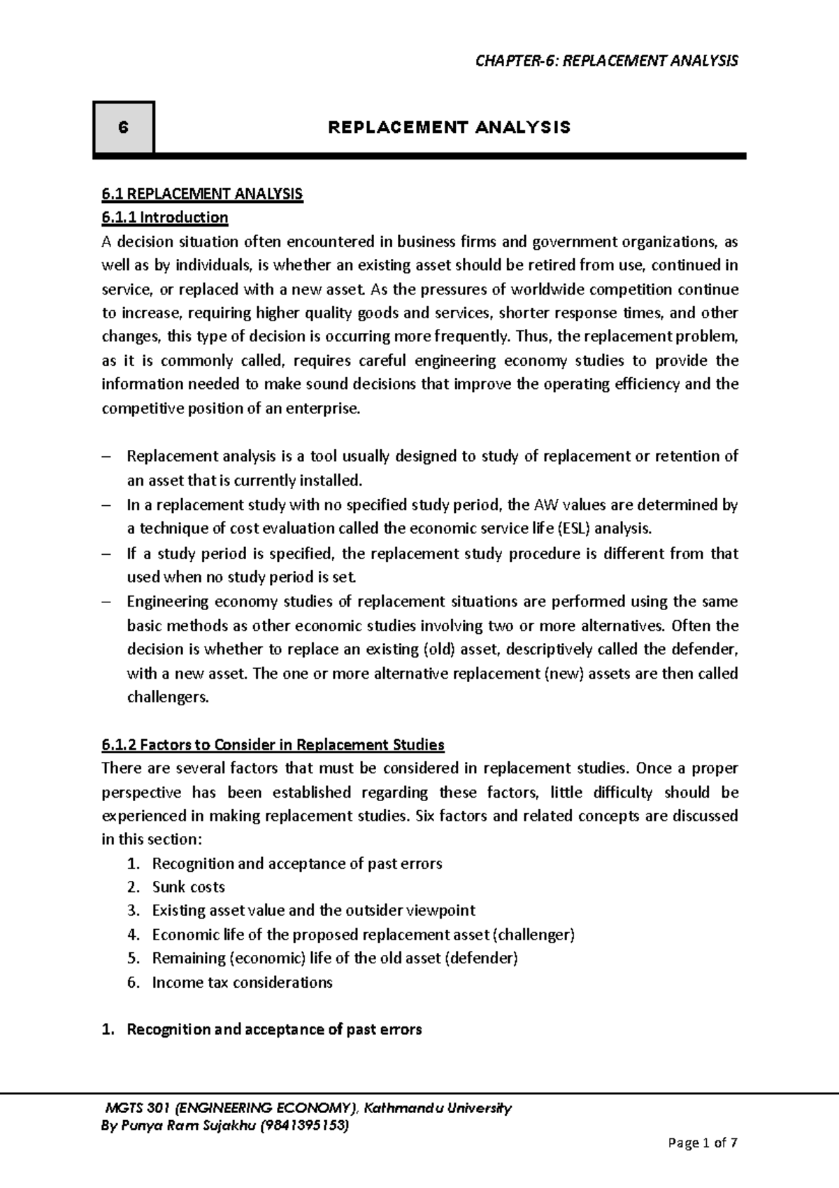 6MGTS301 - Replacement Analysis: Key Concepts and Factors - Studocu