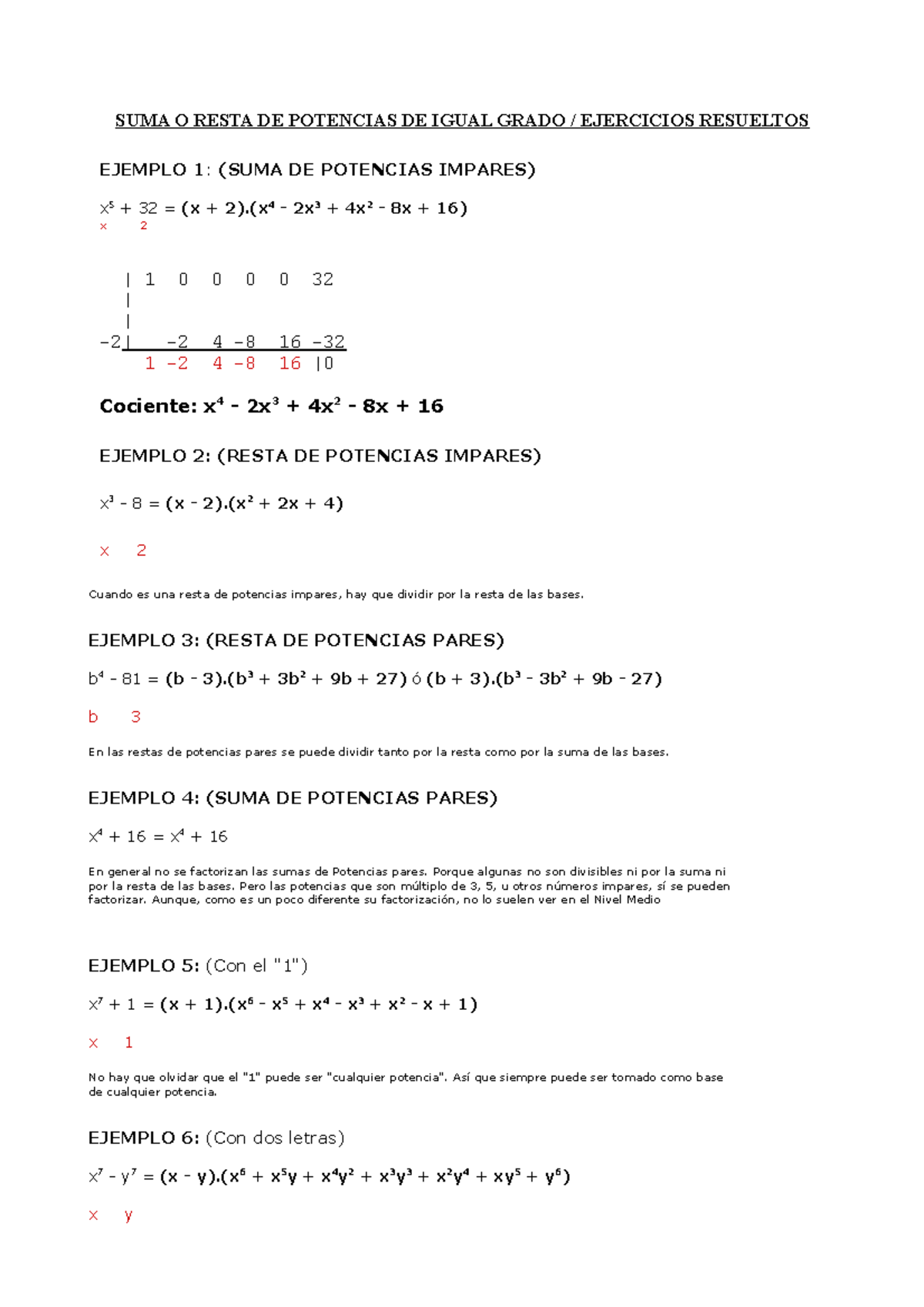 438288379 Ejercicios Resueltos: Suma y Resta de Potencias Igual Grado ...