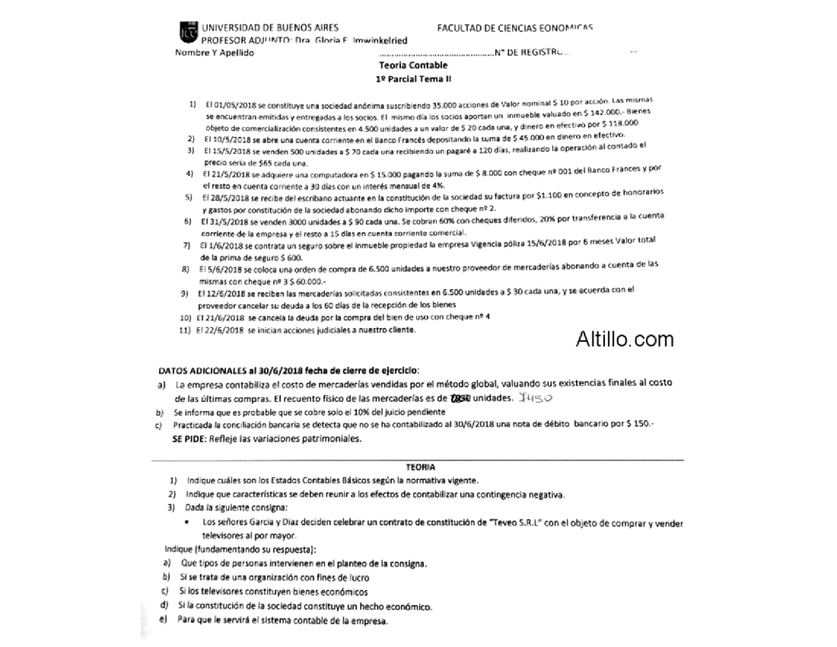 Teoría Contable Parcial II - Ejemplo de Examen UBA 2023 - Studocu