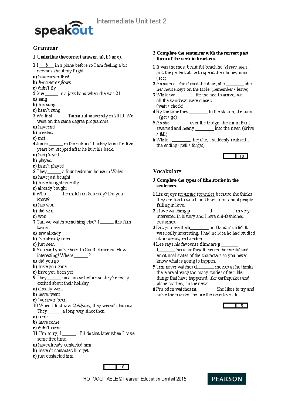 Intermediate Unit Test 2: Grammar & Vocabulary Practice - Studocu