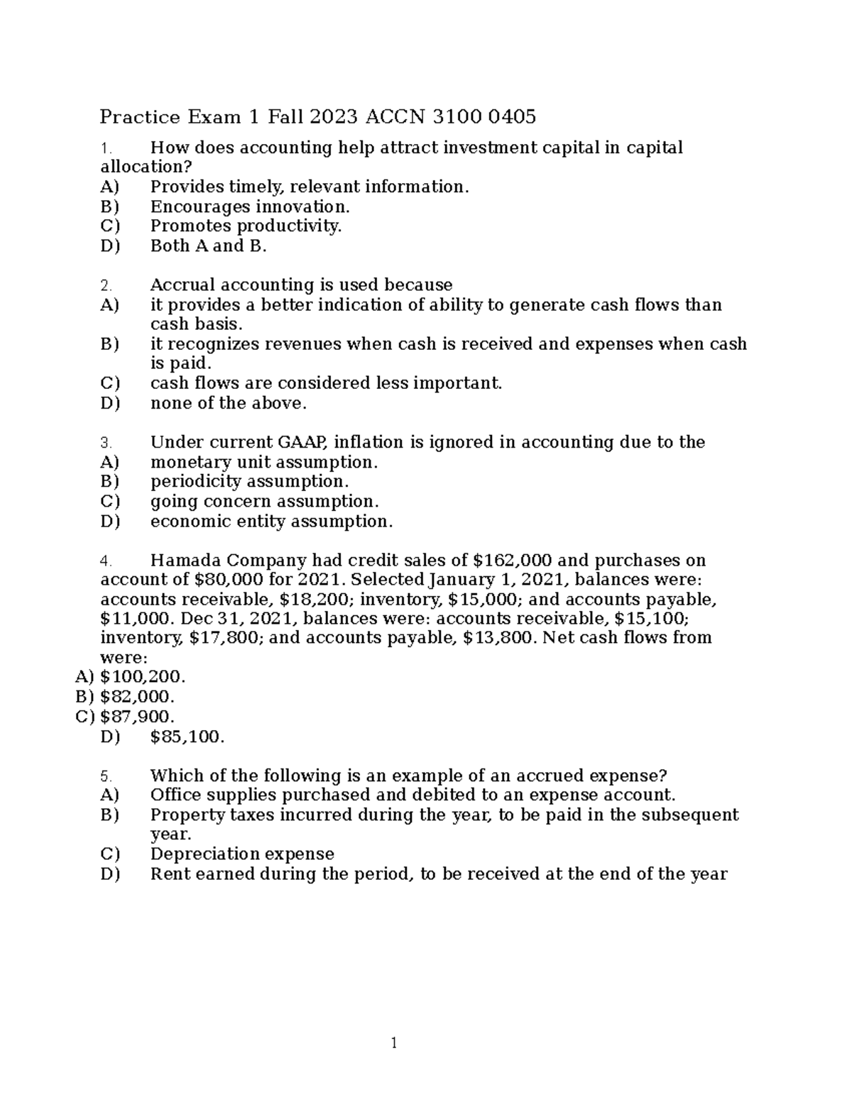 Practice Exam 1 Review - Fall 2023 ACCN 3100 0405 - Studocu