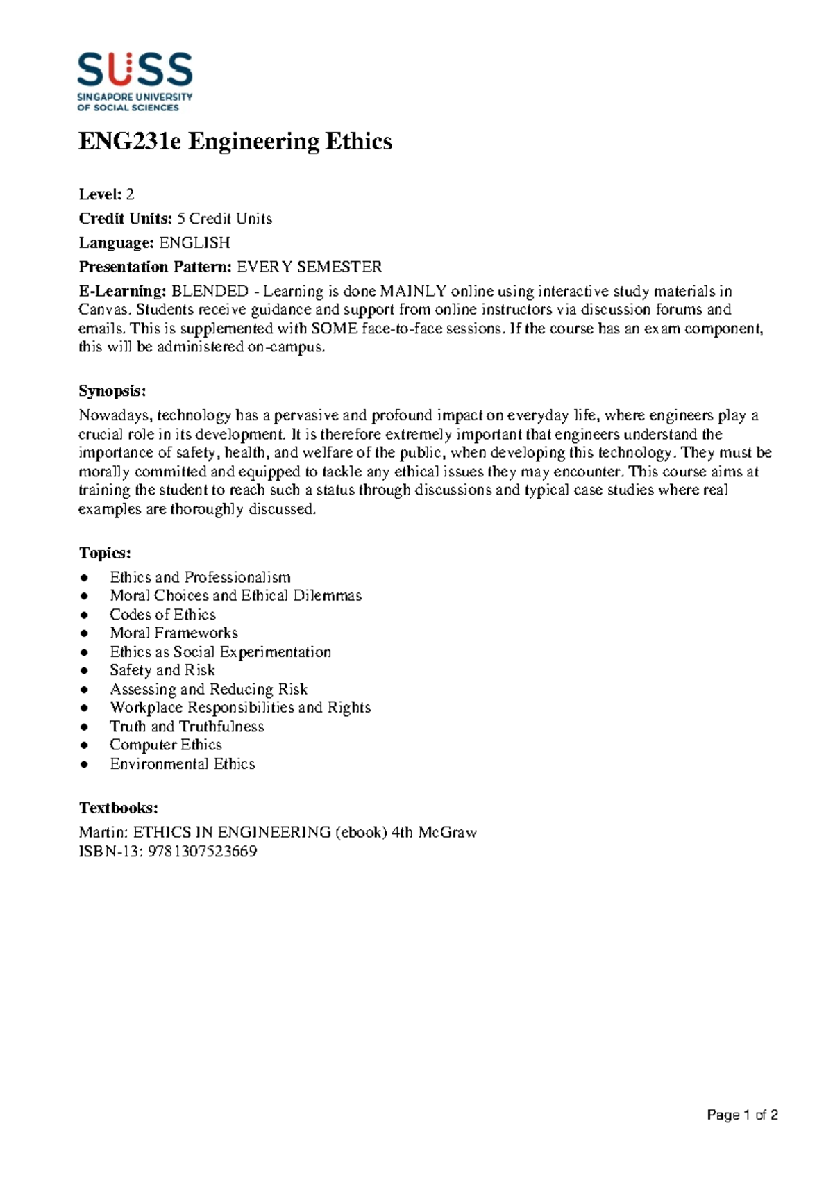 ENG231 Course Outline: Engineering Ethics Overview and Structure - Studocu