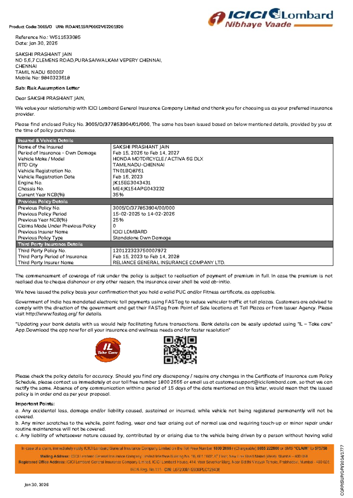 Risk Assumption Letter for Two-Wheeler Insurance Policy - UIN ...