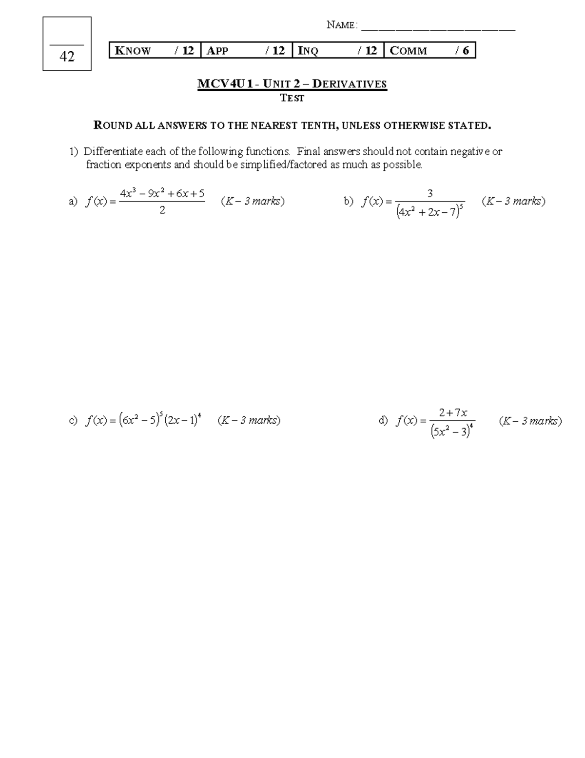 MCV4U1 Unit 2 Derivatives Test - Final Exam Review - Studocu