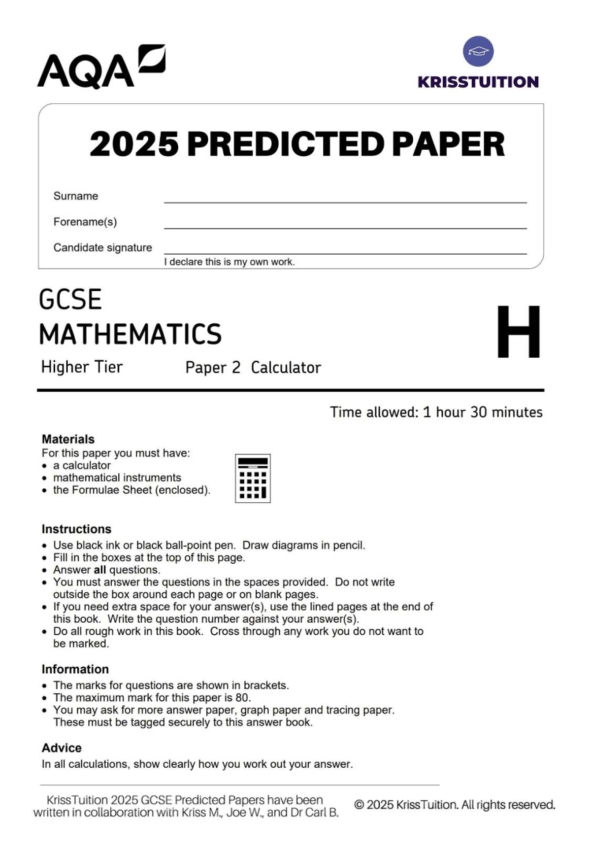 AQA GCSE 2025 Predicted Paper 2 (H) - Math Practice Questions - Studocu