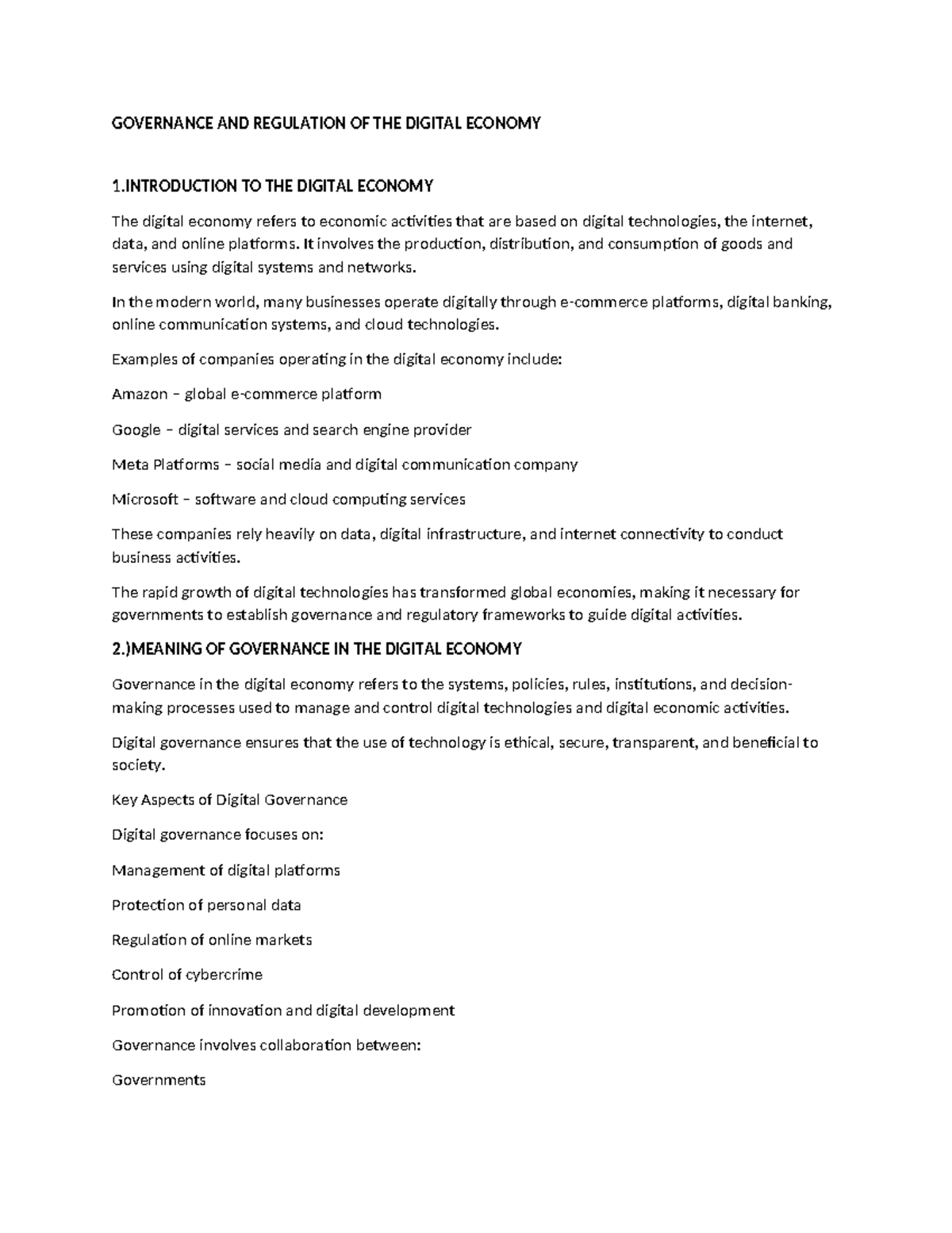 GOVERNANCE & REGULATION OF THE DIGITAL ECONOMY: AN OVERVIEW - Studocu