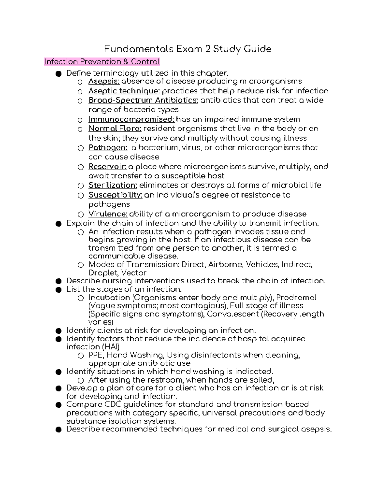 Fundamentals Exam 2 Study Guide: Infection Control & Hygiene Quiz - Studocu
