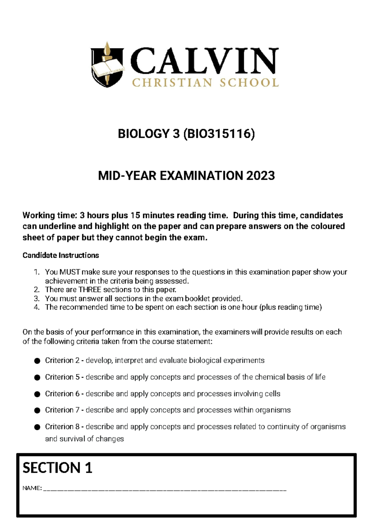 Biology 3 (BIO315116) - 2023 Mid-Year Exam Practice Points - Studocu