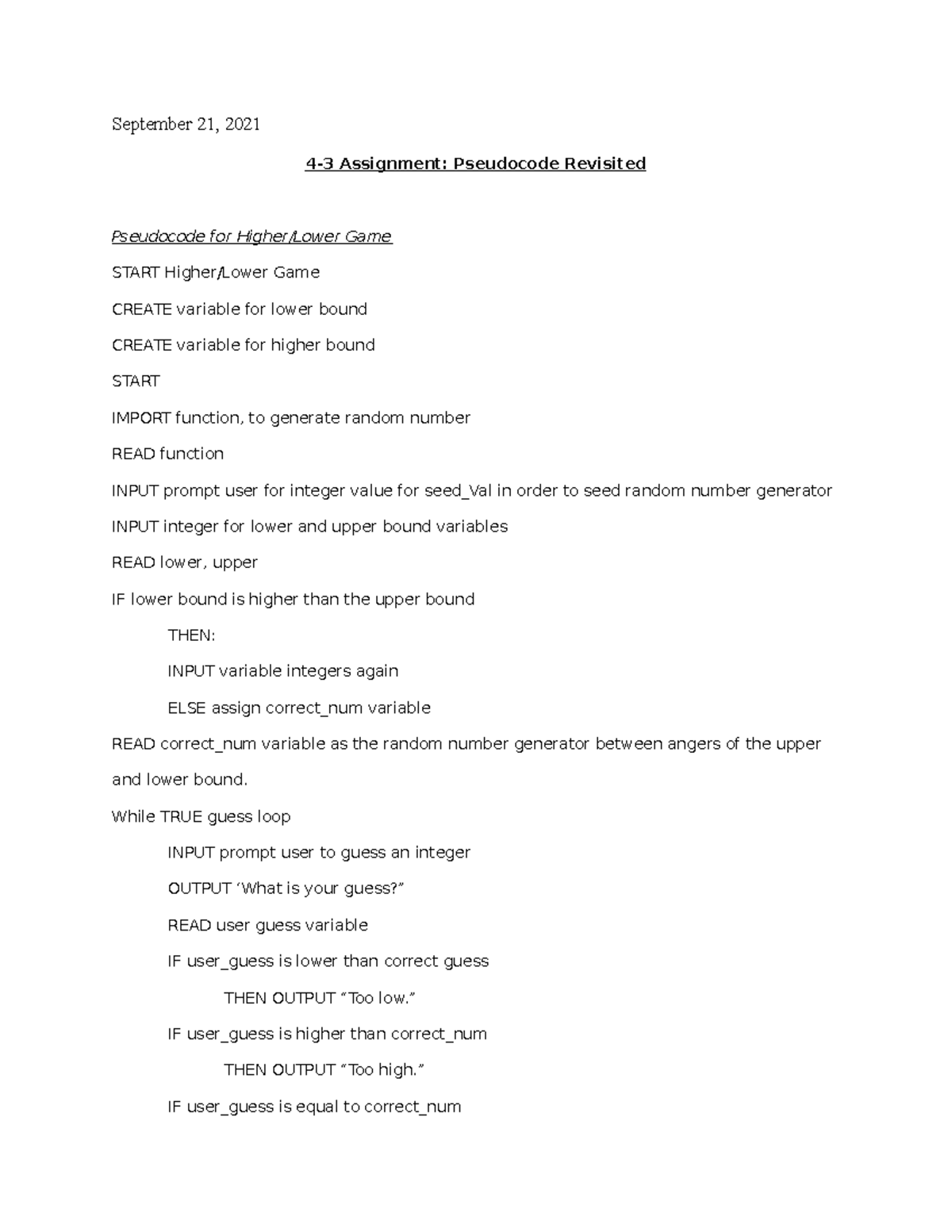 4-3 Assignment Pseudocode revisited - September 21, 2021 4-3 Assignment ...
