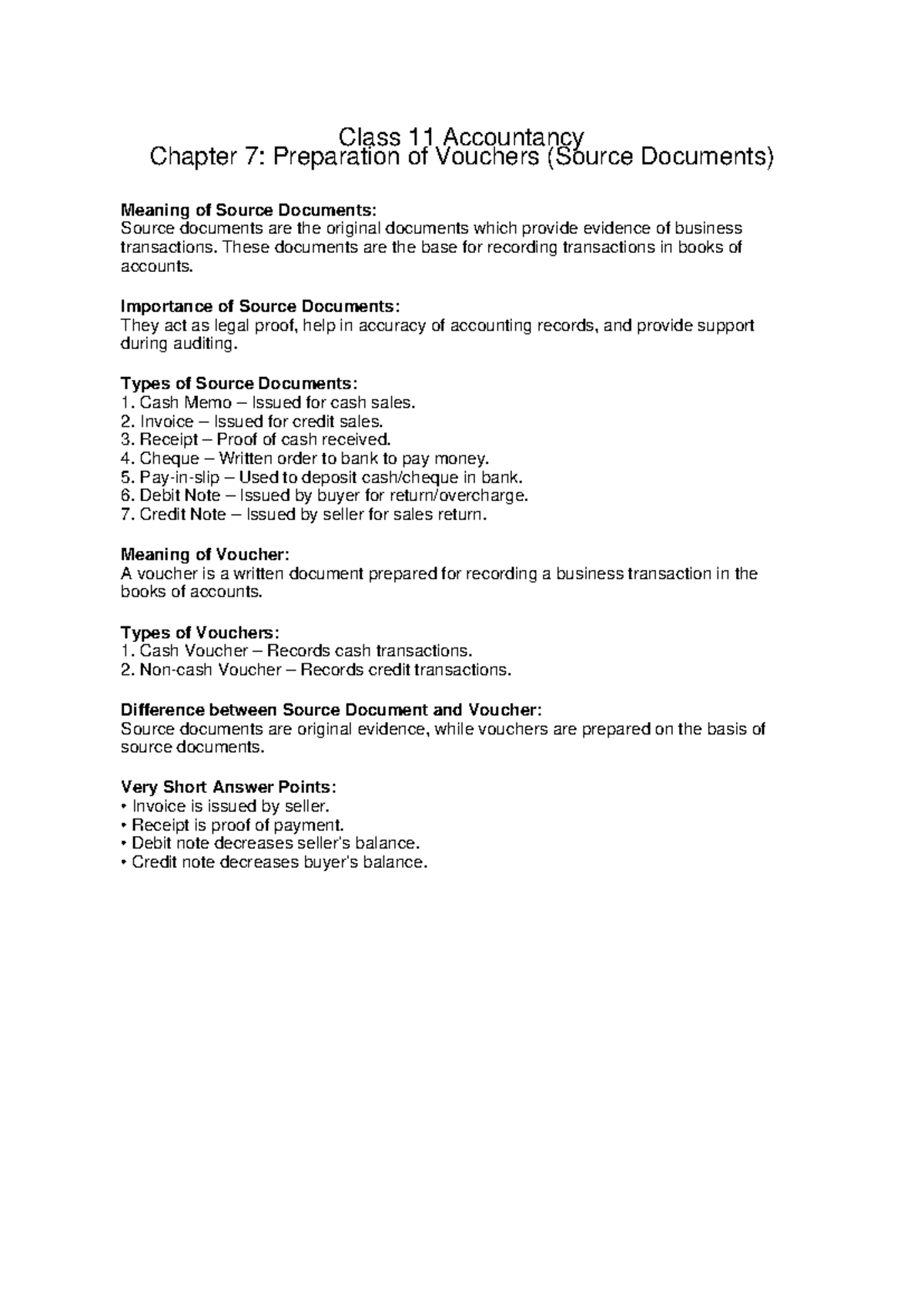 Class 11 Accountancy Ch7: Source Documents & Vouchers Notes - Studocu