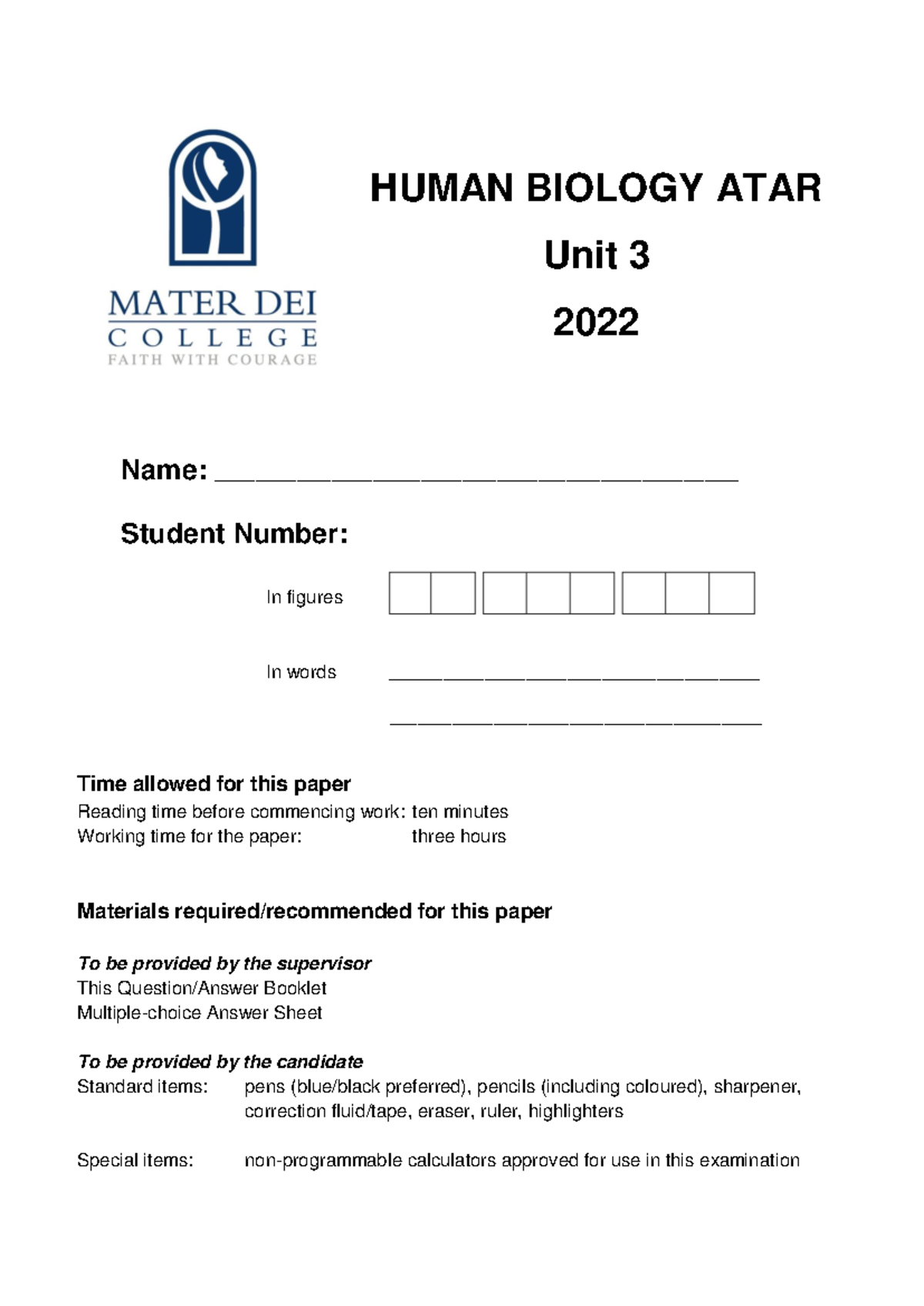 HUMAN BIOLOGY ATAR Unit 3 Final Exam 2022 - Studocu