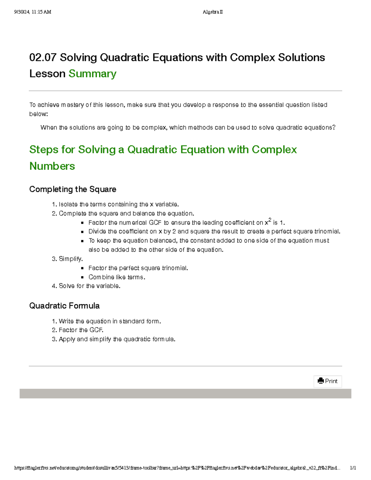 Algebra II 2.07 Lesson Summary: Solving Quadratic Equations with ...