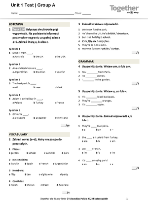 Brainy Kl6 Short Tests Unit 5 Lesson 2 Imi I Nazwisko Klasa Imi I 