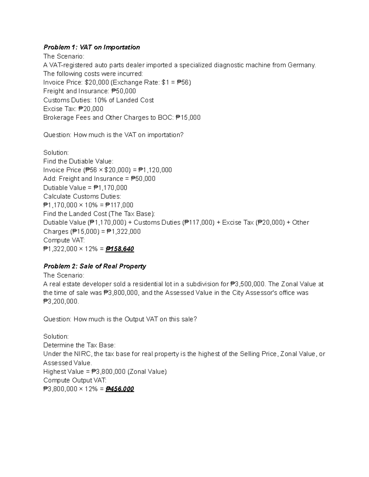 VAT Sample Problems: Importation & Real Property Scenarios - Studocu
