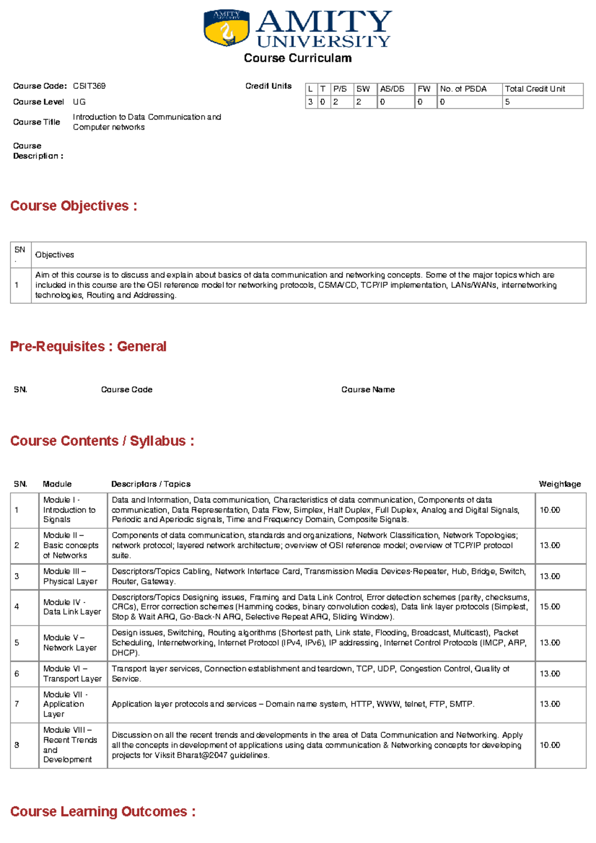 Course Curriculum (13) - Course Objectives : Pre-Requisites : General ...