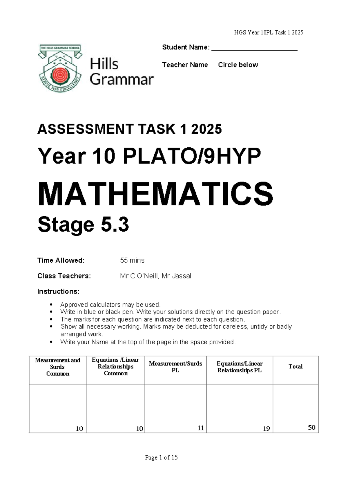 2025 HGS Year 10 PL Task 1 - Mathematics Practice Exam - Studocu